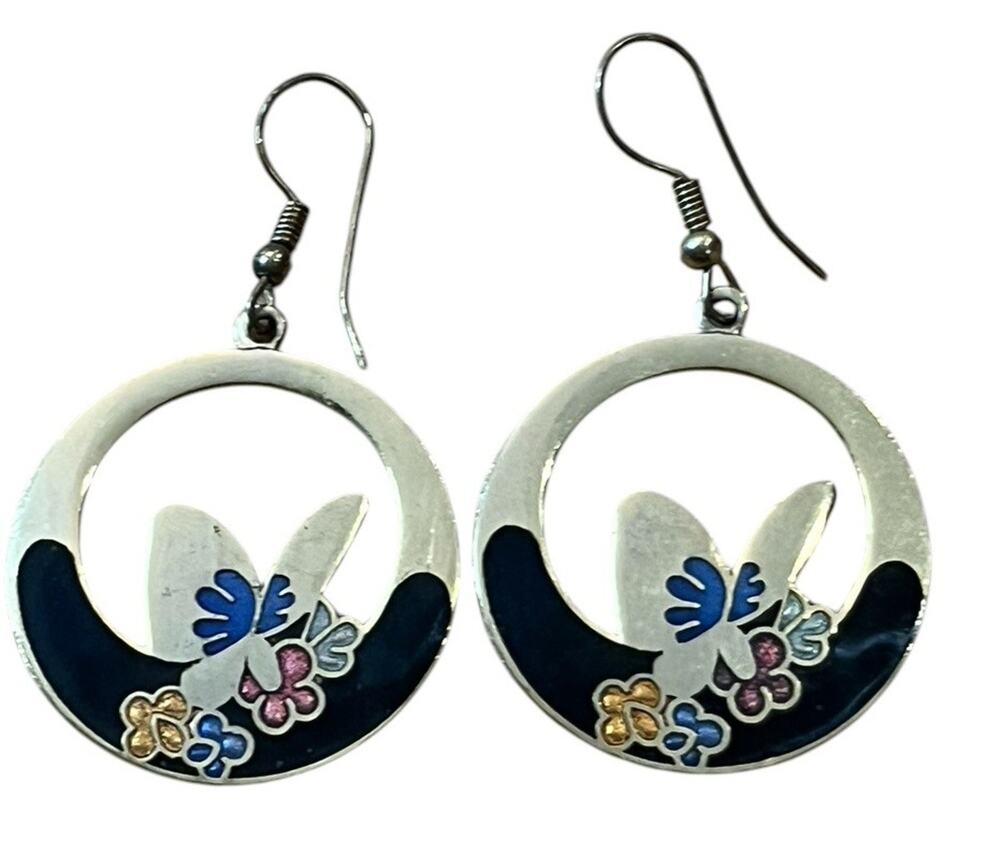 VTG Cloisonné Enamel Earrings Black Butterflies Gold Colored Metal 2” 1980s